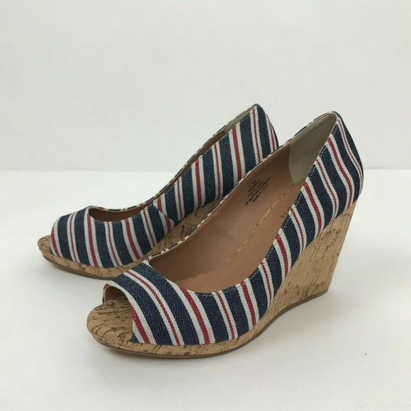 Caslon Red Blue White Peep Toe Cork Wedge Heels - Picture 7 of 7